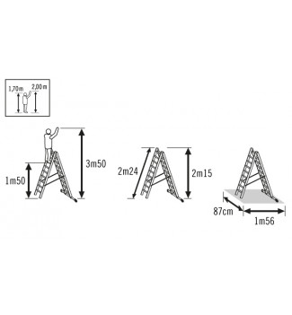 Schéma echelle transformable 3 plans 3x8 échelons 5m90 en aluminium Hailo HobbyStep position échelle double