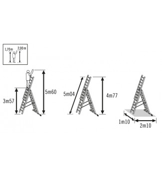 Schéma echelle transformable 3 plans 3x11 échelons 7m80 en aluminium Hailo HobbyStep position échelle aérienne