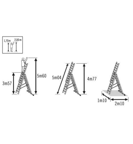 Schéma echelle transformable 3 plans 3x11 échelons 7m80 en aluminium Hailo HobbyStep position échelle aérienne