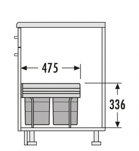 Schéma Poubelle de cuisine tri sélectif 3 bacs encastrable 35L (18+8.5+8.5) Hailo AS Raumspar Tandem