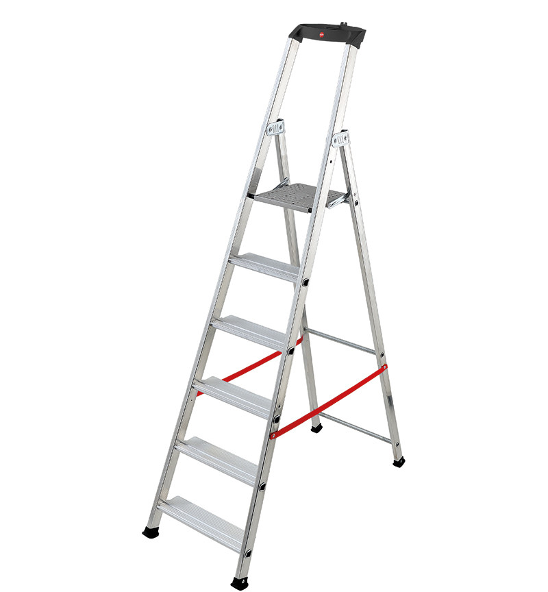 Escabeau Hailo StandardLine L60 - 6 Marches En Aluminium, Charge Max 150 Kg, Plateforme, Bac à Outils