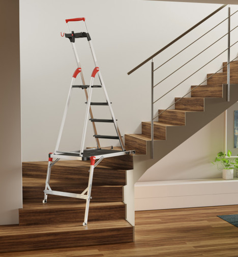 Mise en situation plateforme de travail pour escalier en aluminium Hailo TP2 Pro avec escabeau