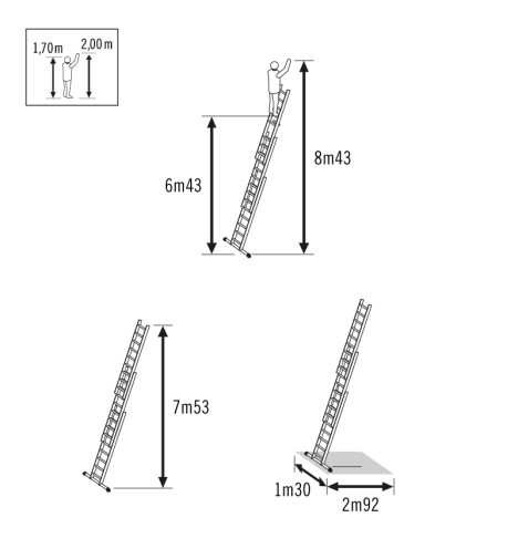 Schéma echelle coulissante à corde professionnelle 3 plans 3x12 échelons 8m40 en alu Hailo Trio