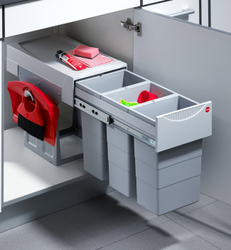 Poubelle de cuisine tri sélectif 3 bacs encastrable 30L (10+10+10) Hailo Terzett + Kit balayette