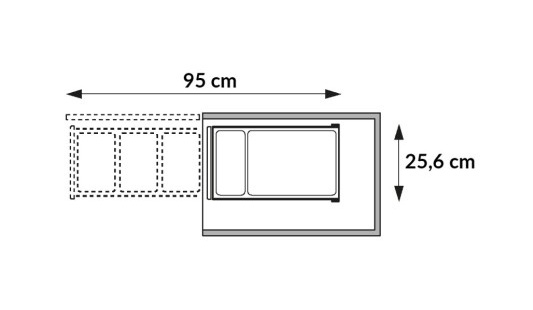 Illustration des dimensions 25,6 cm de large et 95 cm de long avec le tiroir complètement déployé